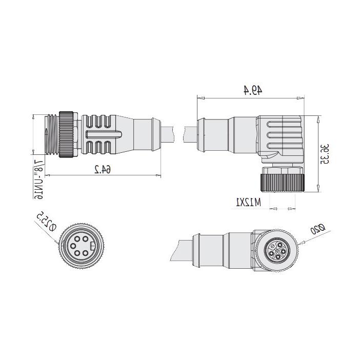 M12 5Pin 母头90°L-coded转7/8"5Pin 公头直型A-coded、双端预铸PUR柔性电缆、黑色护套、64L885-XXX