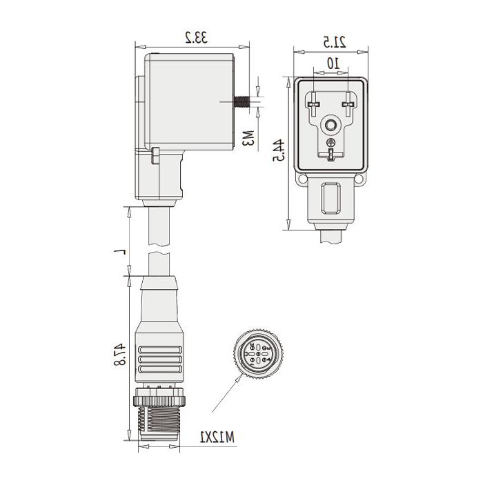 阀门插头类型B，DIN，10mm，3Pin/M12公头直型、双端预铸PUR柔性电缆、黑色护套、6VB041-XXX